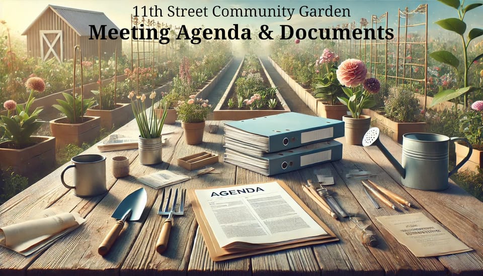 An illustration of a meeting agenda and documents sitting on a table in the middle of a community garden.