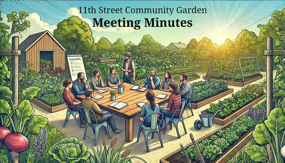 An illustration of several garden members meeting in their community garden around a table.