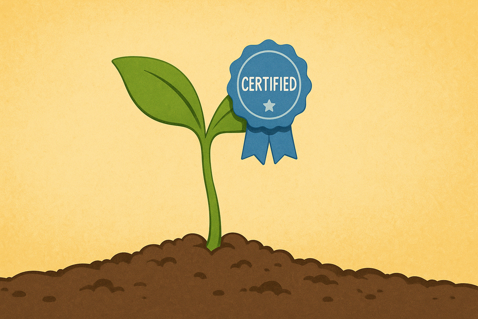 A little plant sprout with a blue "certified" seal attached.