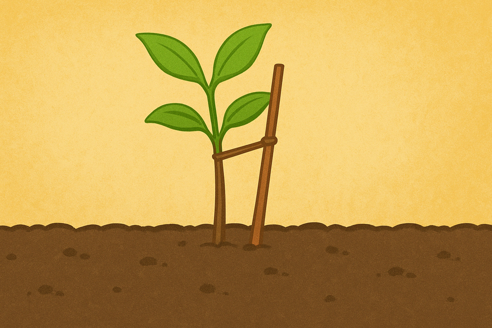 A modest sapling growing supported by a small stick in the ground.